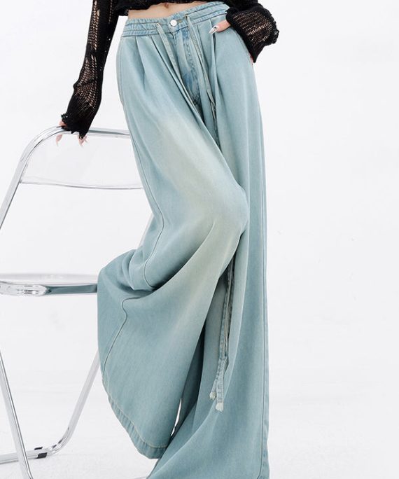 French Blue Lace Up Pockets Denim Wide Leg Pants Spring