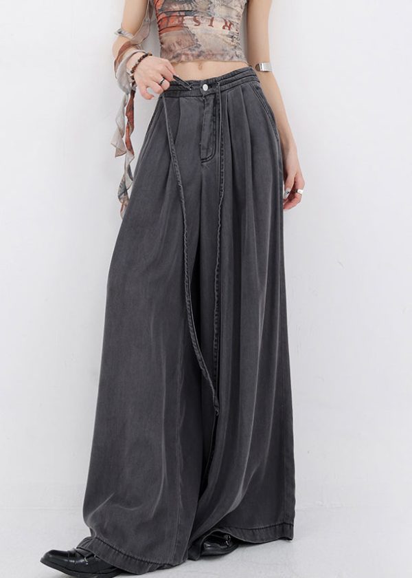 French Blue Lace Up Pockets Denim Wide Leg Pants Spring - Image 2