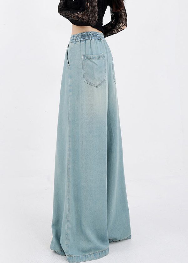 French Blue Lace Up Pockets Denim Wide Leg Pants Spring - Image 5