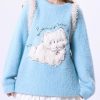 French Blue O Neck Cartoon Ma Hai Mao Knit Sweaters Spring