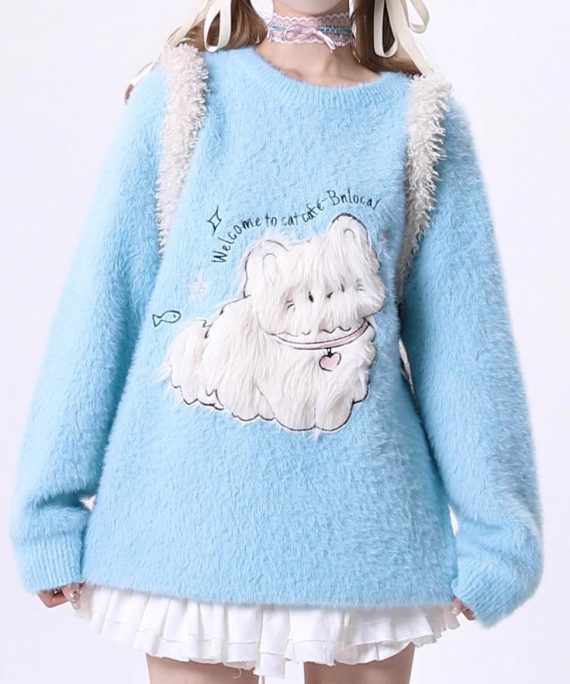 French Blue O Neck Cartoon Ma Hai Mao Knit Sweaters Spring