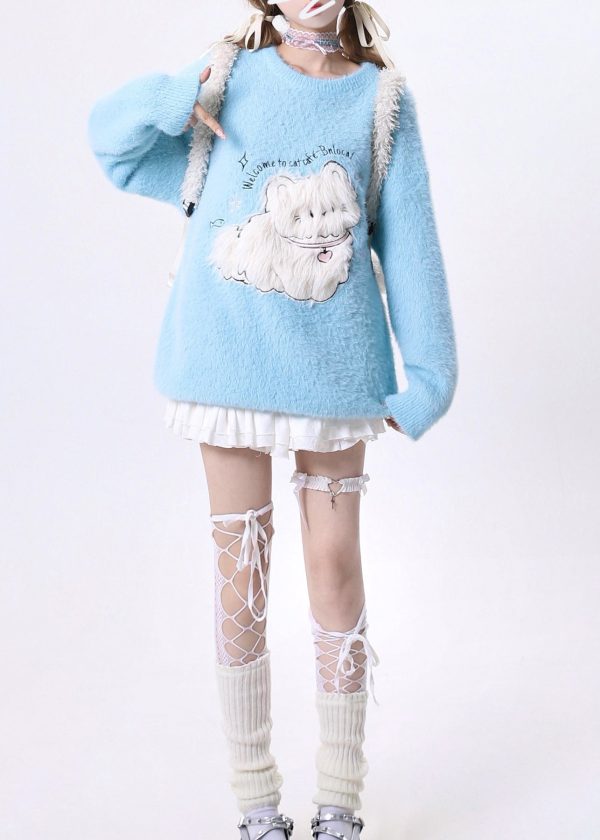 French Blue O Neck Cartoon Ma Hai Mao Knit Sweaters Spring - Image 2