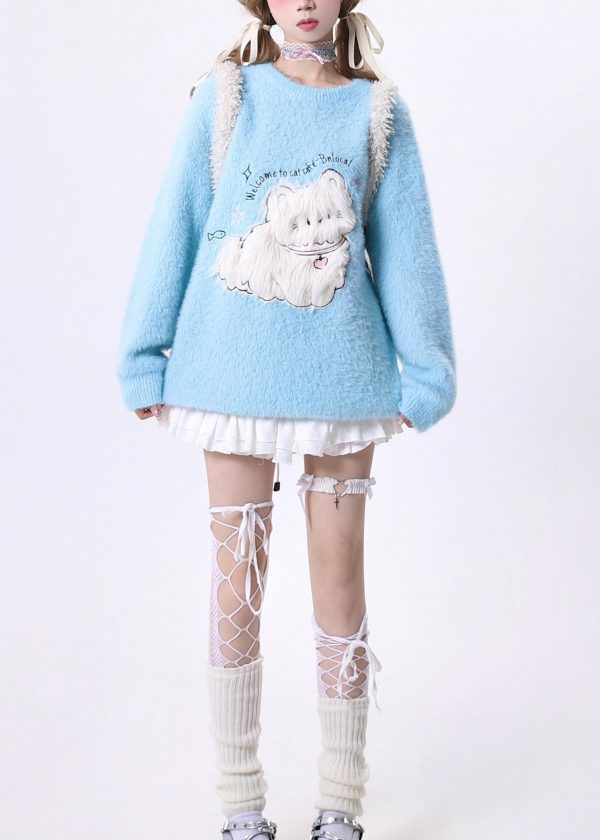 French Blue O Neck Cartoon Ma Hai Mao Knit Sweaters Spring - Image 4