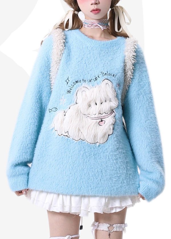 French Blue O Neck Cartoon Ma Hai Mao Knit Sweaters Spring - Image 5