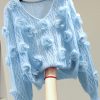 French Blue O-Neck Floral Zircon Cotton Knit Sweater Winter