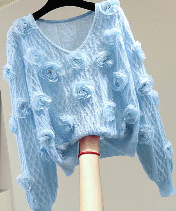 French Blue O-Neck Floral Zircon Cotton Knit Sweater Winter