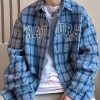 French Blue Plaid Peter Pan Collar Letter Cotton Mens Coat Spring
