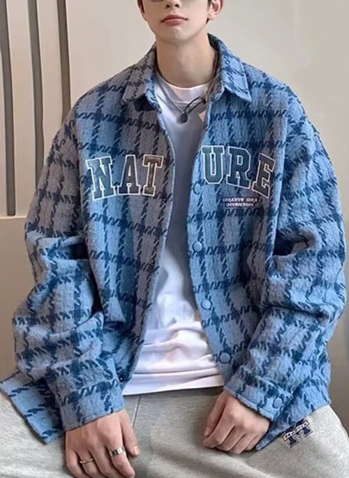 French Blue Plaid Peter Pan Collar Letter Cotton Mens Coat Spring