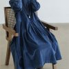 French Blue Plus Size Corduroy Dress Pockets Button Patchwork Fall Dresses