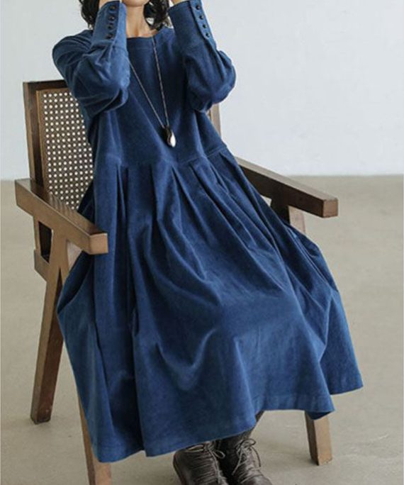 French Blue Plus Size Corduroy Dress Pockets Button Patchwork Fall Dresses