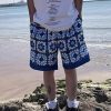 French Blue Pockets Elastic Waist Cotton Men Shorts Summer