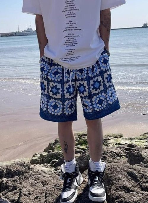 French Blue Pockets Elastic Waist Cotton Men Shorts Summer