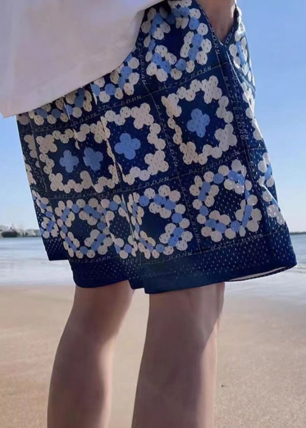 French Blue Pockets Elastic Waist Cotton Men Shorts Summer - Image 5