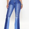 French Blue Pockets Patchwork Denim Flared Trousers Summer