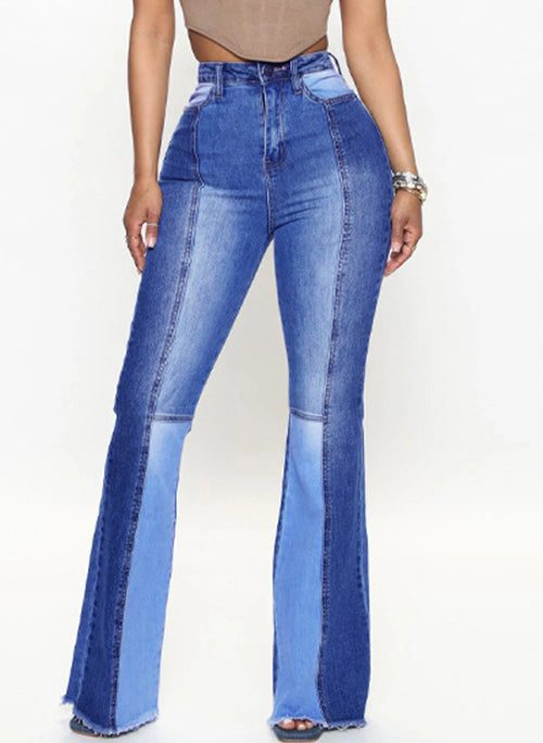 French Blue Pockets Patchwork Denim Flared Trousers Summer