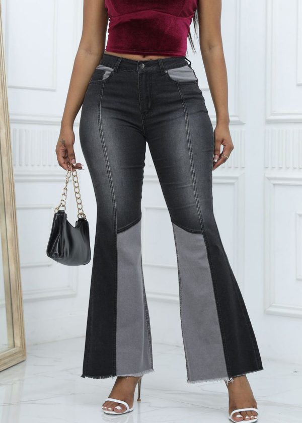 French Blue Pockets Patchwork Denim Flared Trousers Summer - Image 2