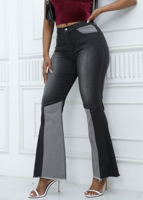 French Blue Pockets Patchwork Denim Flared Trousers Summer - Image 3
