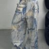 French Blue Print Pockets Elastic Waist Denim Pants Fall