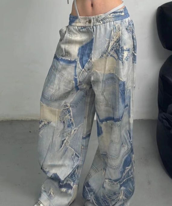 French Blue Print Pockets Elastic Waist Denim Pants Fall