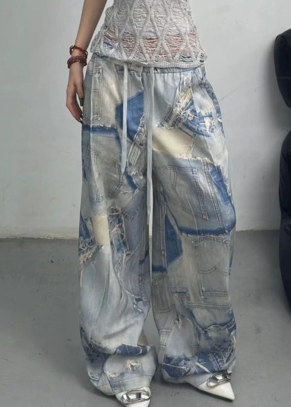 French Blue Print Pockets Elastic Waist Denim Pants Fall - Image 2