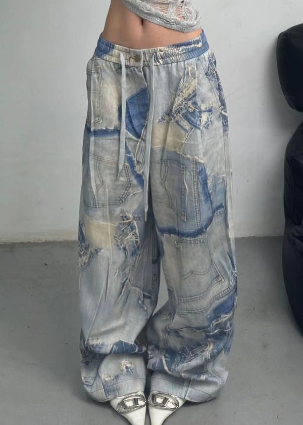 French Blue Print Pockets Elastic Waist Denim Pants Fall - Image 3