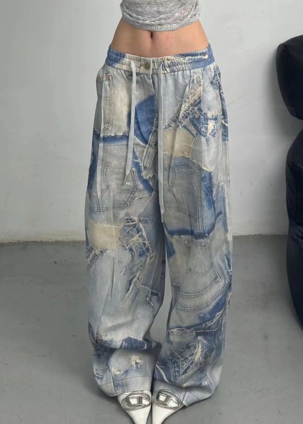 French Blue Print Pockets Elastic Waist Denim Pants Fall - Image 4
