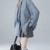 French Blue Striped Bow Cotton Shirts Spring