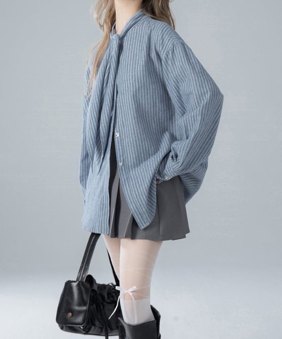 French Blue Striped Bow Cotton Shirts Spring