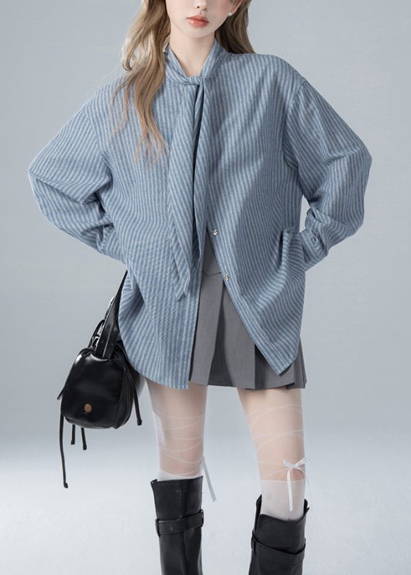 French Blue Striped Bow Cotton Shirts Spring - Image 2