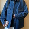 French Blue Striped Pockets Denim Mens Coats Spring