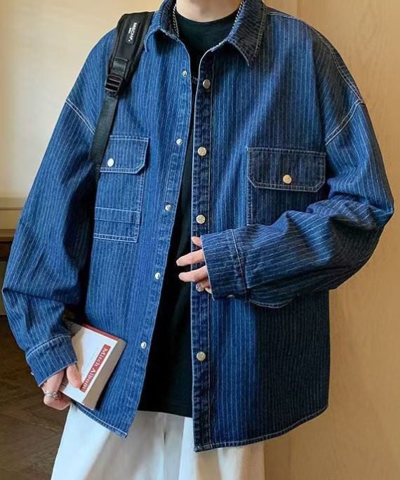French Blue Striped Pockets Denim Mens Coats Spring