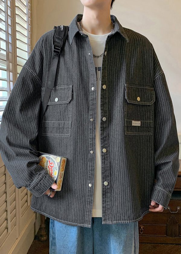 French Blue Striped Pockets Denim Mens Coats Spring - Image 2