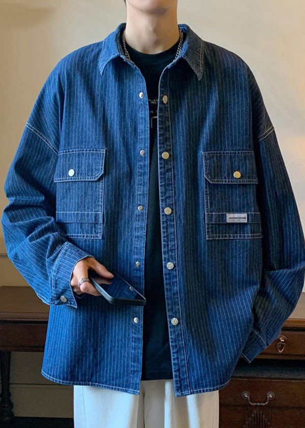 French Blue Striped Pockets Denim Mens Coats Spring - Image 3
