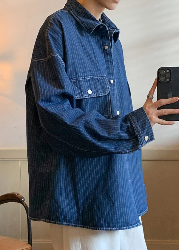 French Blue Striped Pockets Denim Mens Coats Spring - Image 4