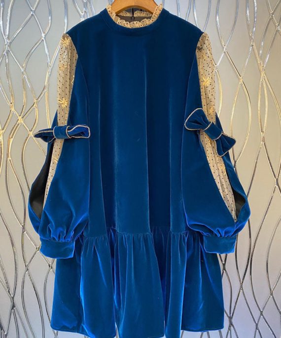 French Blue Tulle Patchwork Velour Shift Dresses Spring