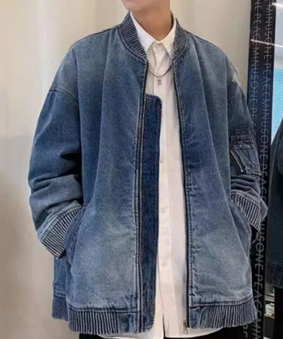 French Blue Zip Up Pockets Hole Denim Mens Coats Spring