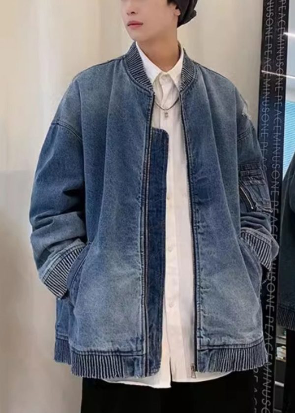 French Blue Zip Up Pockets Hole Denim Mens Coats Spring