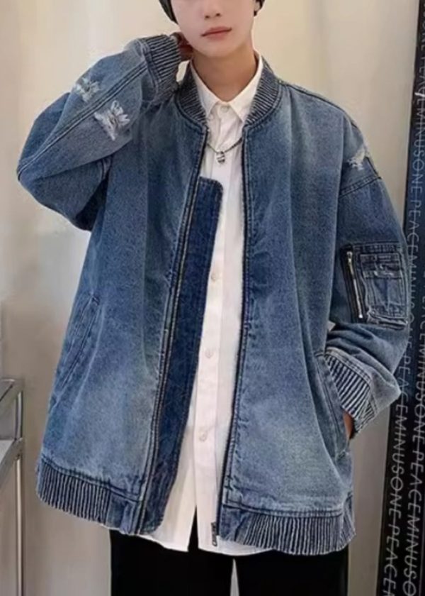 French Blue Zip Up Pockets Hole Denim Mens Coats Spring - Image 2