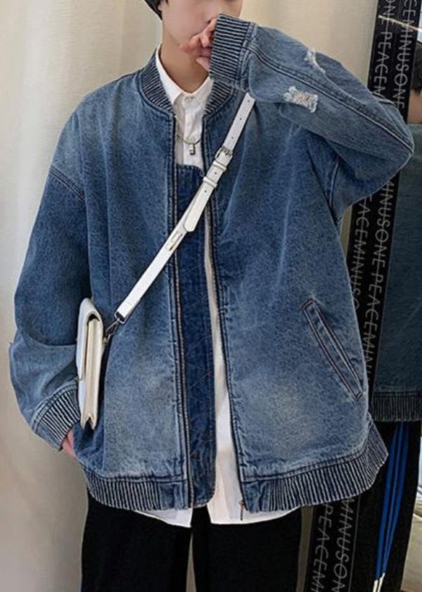 French Blue Zip Up Pockets Hole Denim Mens Coats Spring - Image 3
