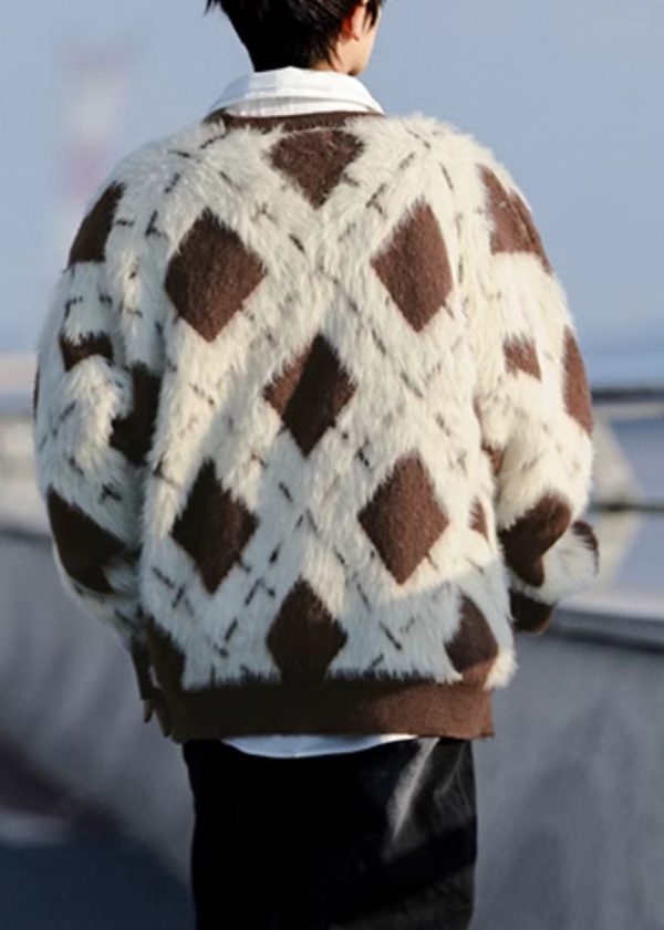 French Brown Plaid Button Mink Velvet Mens Coats Spring - Image 5