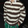 French Brown Striped Oversized Polo Shirt Men Spring