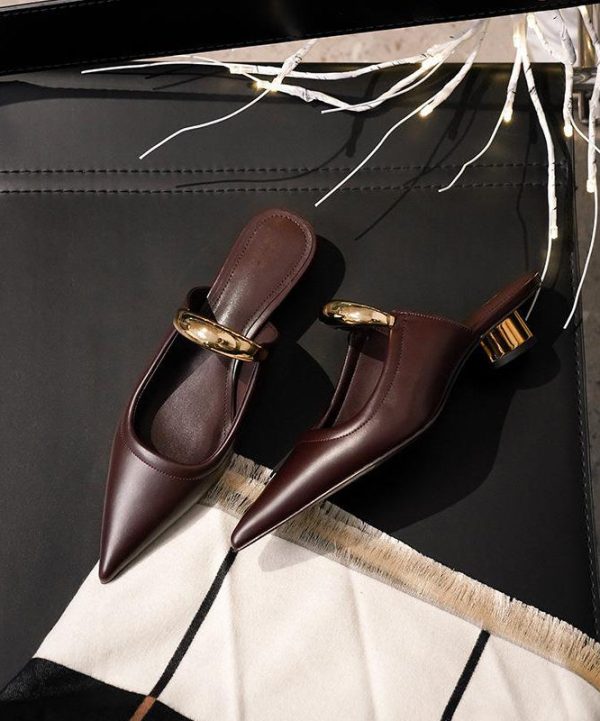 French Chocolate Faux Leather Splicing Slide Sandals Pointed Toe - Image 3