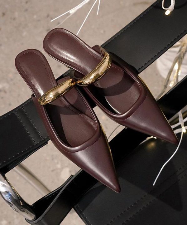 French Chocolate Faux Leather Splicing Slide Sandals Pointed Toe - Image 4