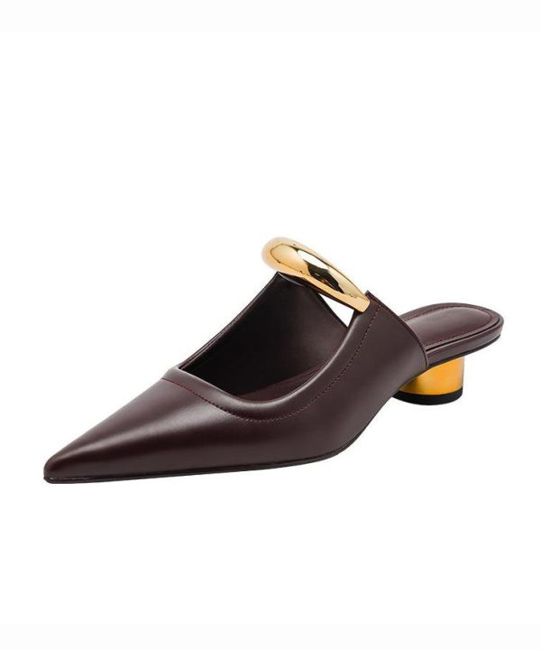 French Chocolate Faux Leather Splicing Slide Sandals Pointed Toe - Image 5