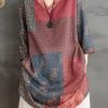 French Colorblock V Neck Print Linen Shirts Bracelet Sleeve