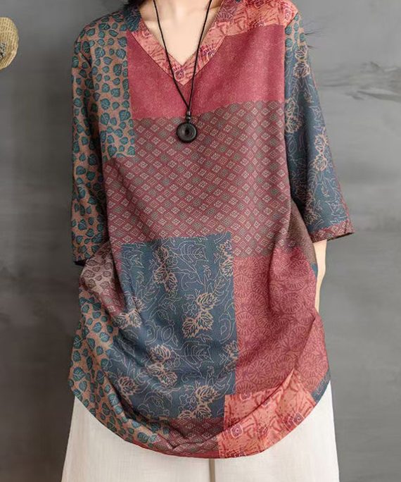 French Colorblock V Neck Print Linen Shirts Bracelet Sleeve