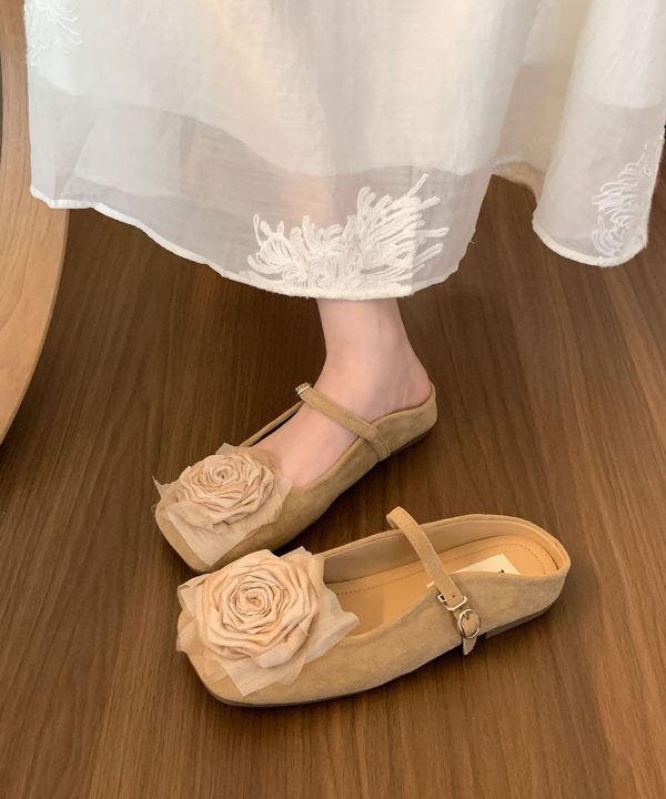 French Comfy Floral Splicing Brown Suede Slide Sandals - Image 2