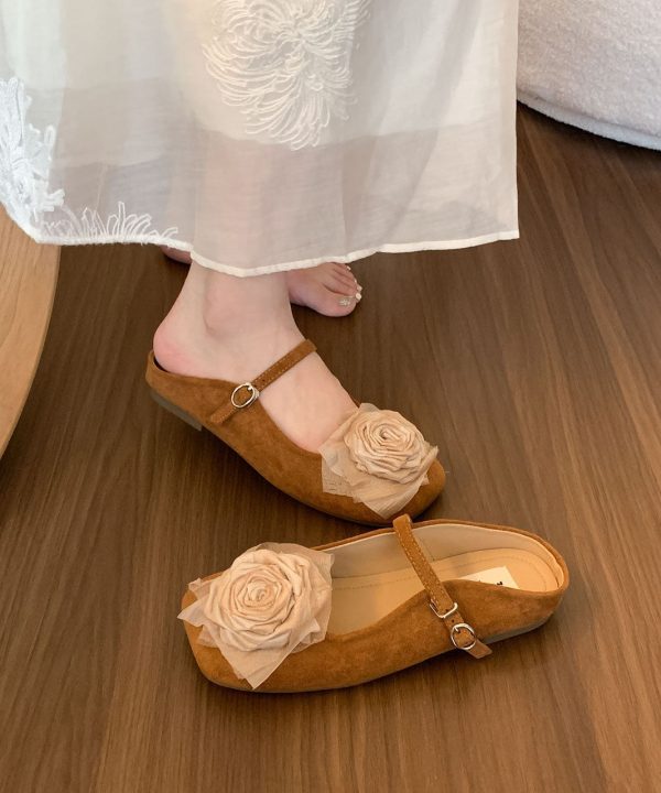 French Comfy Floral Splicing Brown Suede Slide Sandals - Image 3