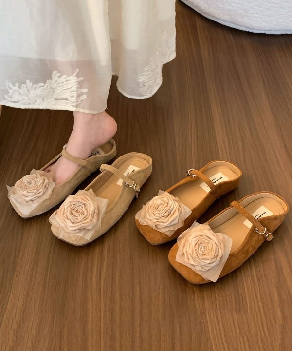 French Comfy Floral Splicing Brown Suede Slide Sandals - Image 5