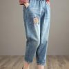 French Denim Blue High Waist Plus Size Clothing Spring Elastic Waist Patchwork Women Trousers